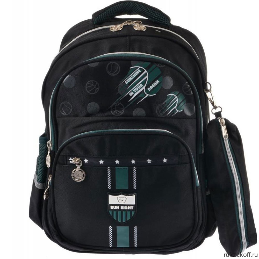 Рюкзак школьный в комплекте с пеналом Sun eight SE-2759 Чёрный/Тёмно-зелёный