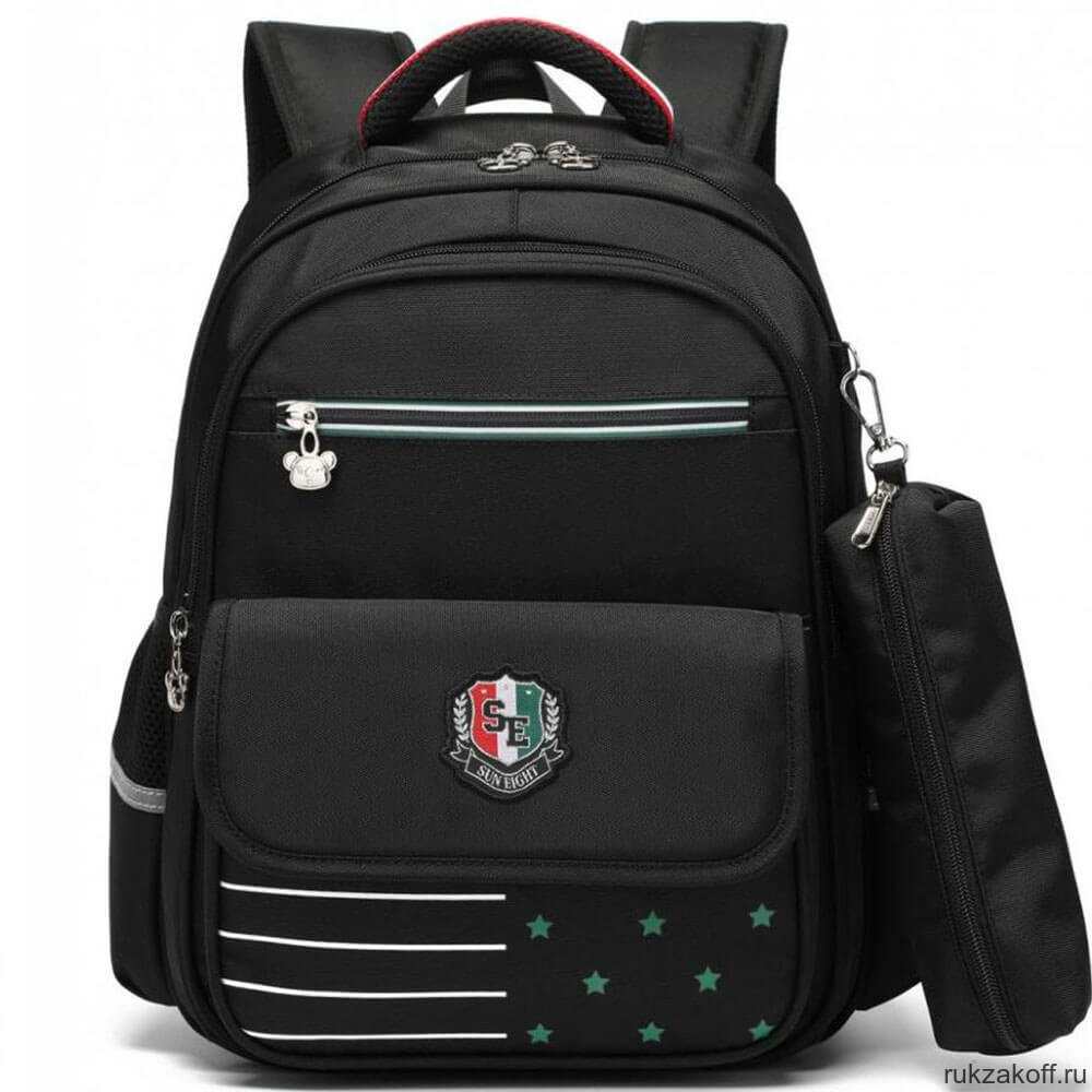 Рюкзак школьный в комплекте с пеналом Sun eight SE-2789 Чёрный/Зелёный