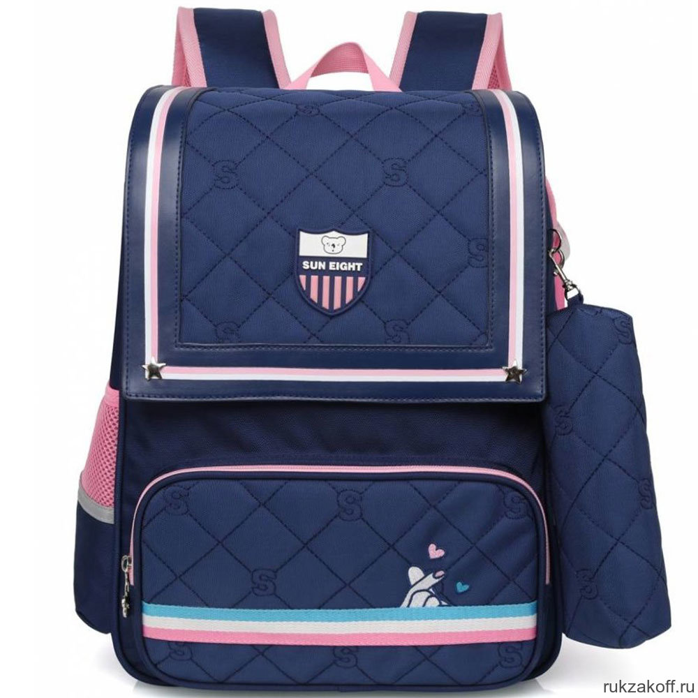 Рюкзак школьный в комплекте с пеналом Sun eight SE-2697 Тёмно-синий/Розовый